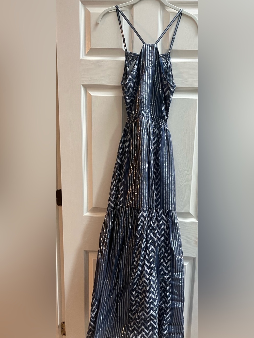 Maeve Navy and White Backless Maxi Dress